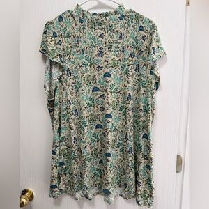 torrid Cream Floral Smocked Flutter Sleeve Flowy Top Teal & Navy Print Size 2